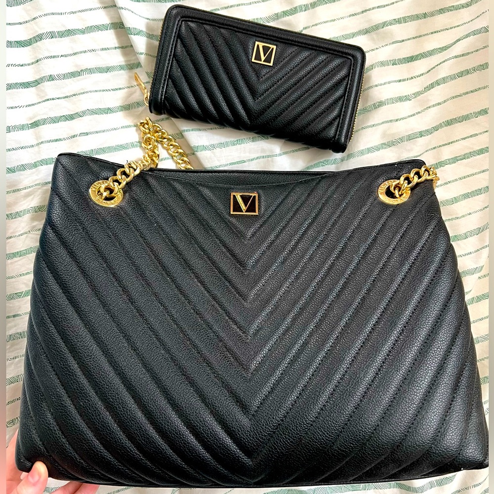 Victoria’s Secret VS Black Quilted Purse, Wallet, and Keychain Bundle
